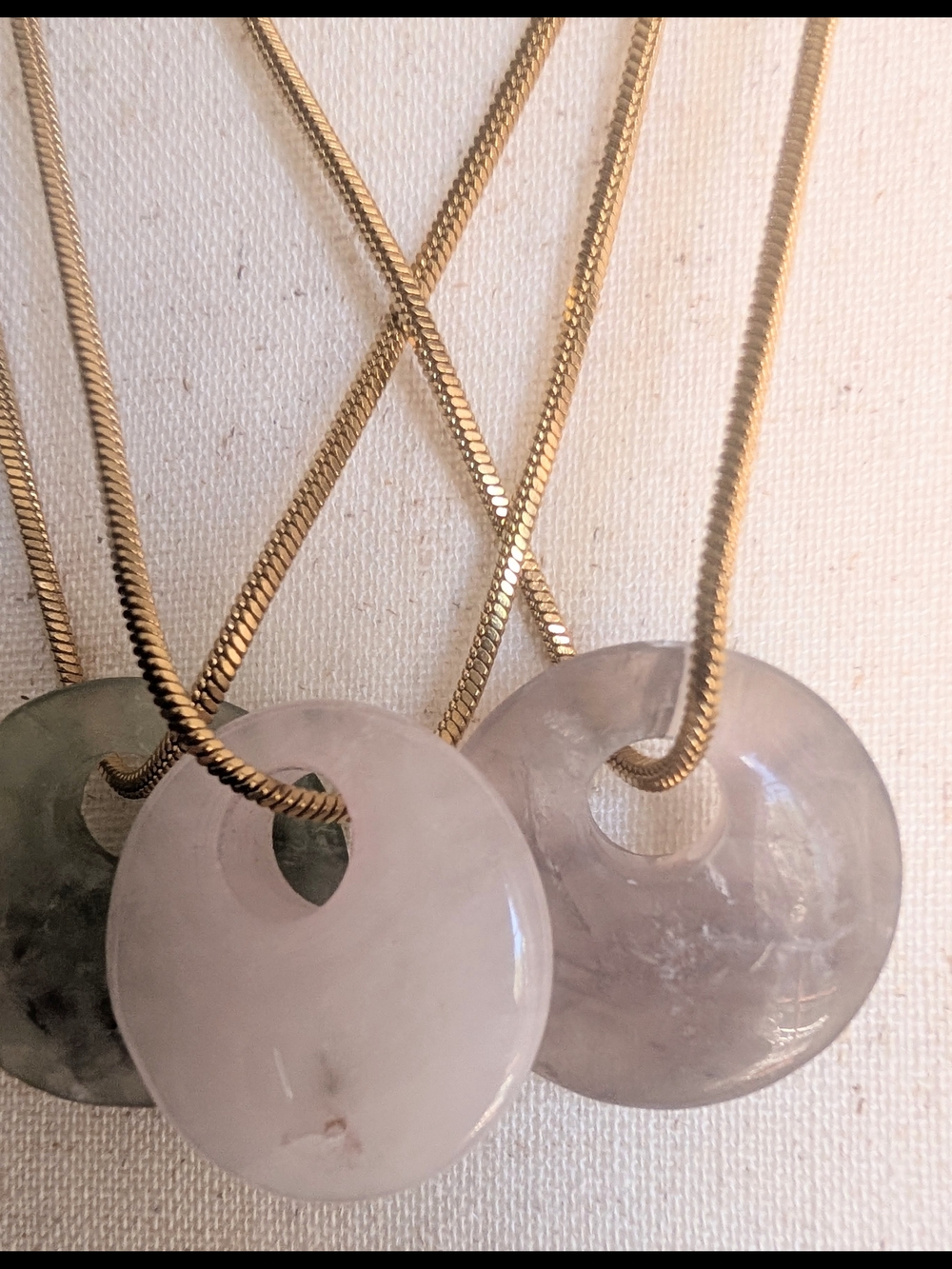 Gold Chain Three-Stone Quartz Pendant Necklaces - Pink, Green, Gray - Picture 3 of 14